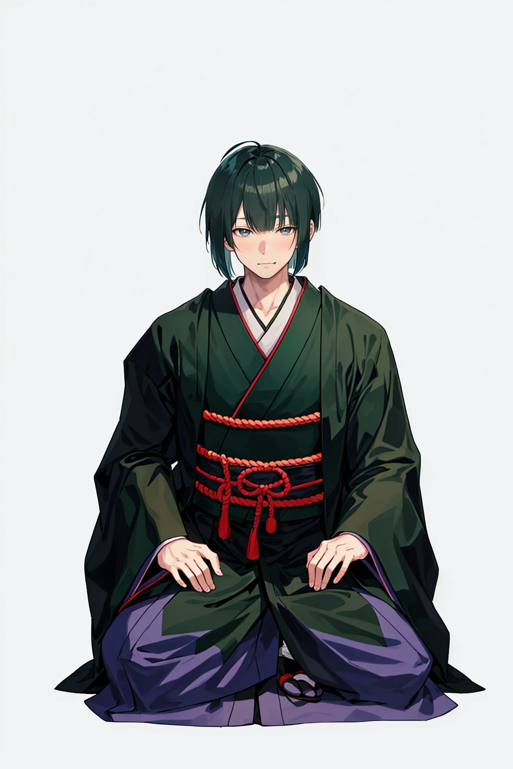 1 boy, 24 years old, full body, blunt bangs, bob cut, dark green hair, ((transparent background)),(solo),standing,{{{{Japanese monk}}}}},(wearing shoes on feet),{{wearing an article of clothing in the same manner as a kasaya}}},{{glaze}},{{Hair shine}},((is wearing Japanese Monk’s Clothing)),good young man, beautiful detailed eyes,gray eyes,black hair,good looking,((an extremely delicate and beautiful)),make the eyes the same shape and color on both sides, seiza, from front,
