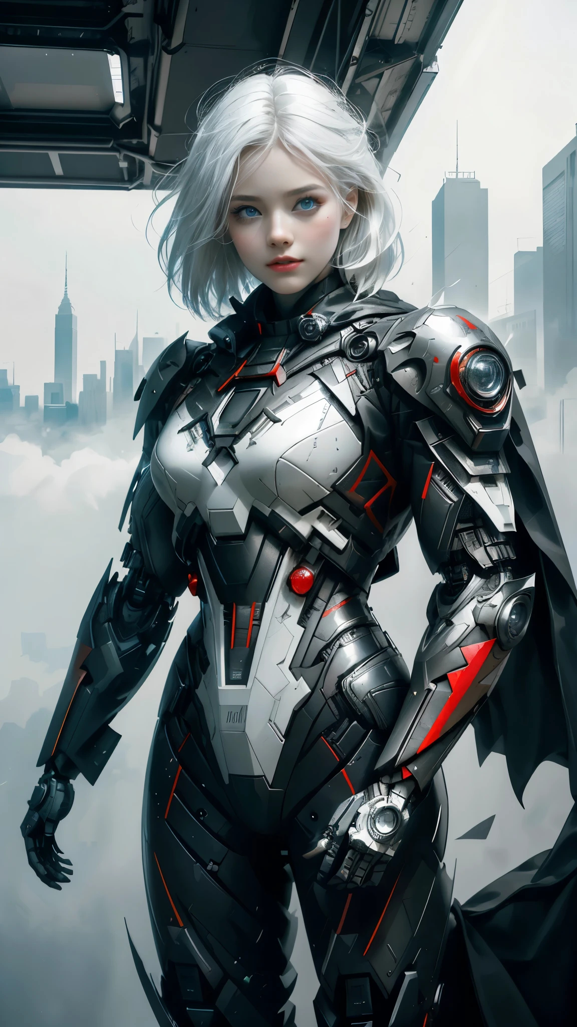 (1 girl:1.3), Alone, (((Very detailed face)))), ((Very detailed eyes and face.)))), beautifuls detalles ojos, body parts__, Official Art, unified 8k wallpaper, super detailed, beautiful and beautiful, beautiful, Masterpiece, Best Quality, Original, Masterpiece, super fine photo, Best Quality, super high resolution, realistic realism, sunlight, Full length portrait, extraordinary beauty, dynamic pose, delicate face, vibrant eyes, (FROM THE FRONT), He wears a Spider-Man suit., red and black color scheme, spider, fondo muy detallado del Ceiling de la ciudad, Ceiling, with city views, detailed face, detailed complex busy background, disordered, gorgeous, milky white, very detailed skin, realistic skin details, visible pores, clear focus, volumetric fog, 8k hd, DSLR, high quality, film grain, White skin, photographic realism, lomography, Futuristic dystopian megalopolis, translucent, eyes looking at the camera, Big , short hair,white hair ,full body,mecha,cyborg,robotic,long hair