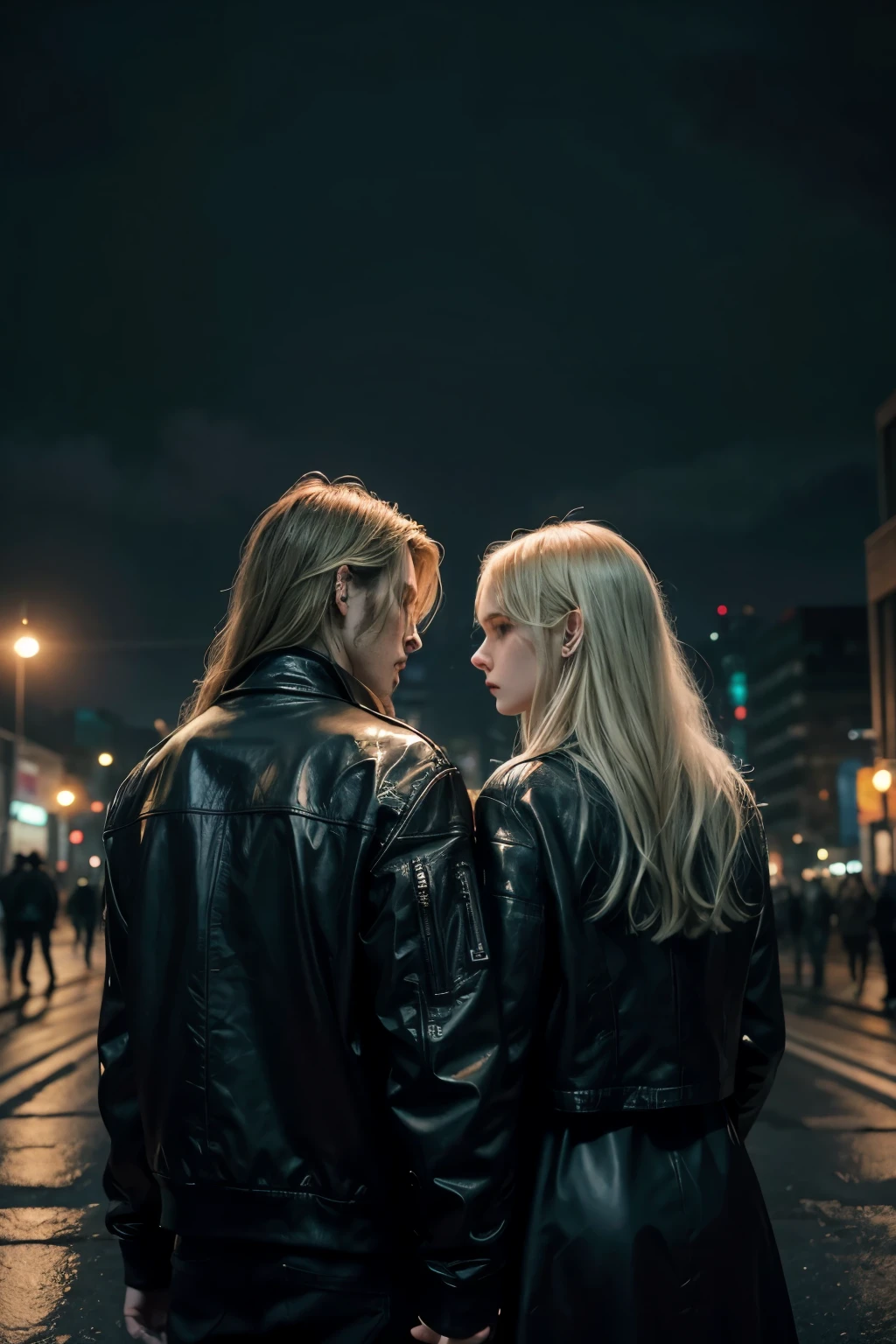 couple with their backs to the camera in a city at night with cyberpunk and futuristic architecture with gloomy sky, with many black balloons floating, realistic style with gothic influence, wearing black leather jacket, blonde man in his 30s with long hair, woman blonde with long hair, curly hair, shaded, character chart, Futurism, Surrealism, Impressionism