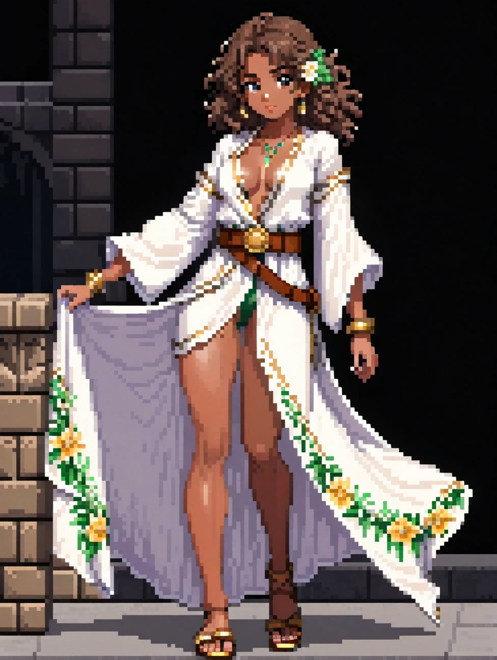 (Pixel art: 1.2), 1 young woman, 23 years old, dark skin, with medium dark brown curly hair held back by a cloth, wearing a medieval white robe covering entire body with floral details, covered arms and legs with the robe, a light brown leather belt, gold earrings, A necklace with green stone, front view, full body, visible lips and nose, wearing sandals, Black background, strong physique.