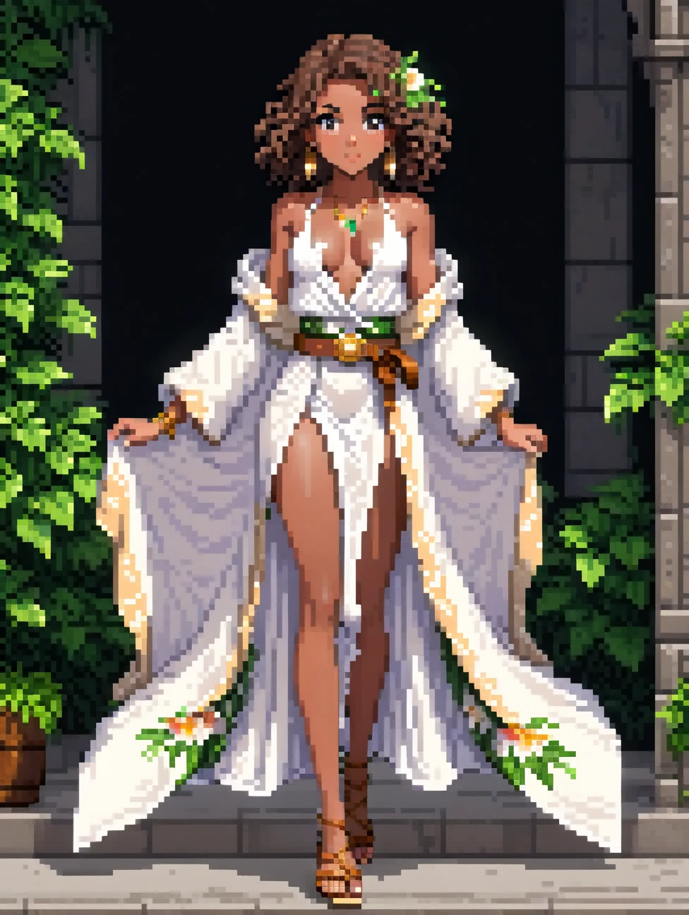 (Pixel art: 1.2), ung woman, 23 years old, dark skin, with medium dark brown curly hair held back by a cloth, wearing a medieval white robe covering entire body with floral details, covered arms and legs with the robe, a light brown leather belt, gold earrings, A necklace with green stone, front view, full body, visible lips and nose, wearing sandals, Black background, strong physique.