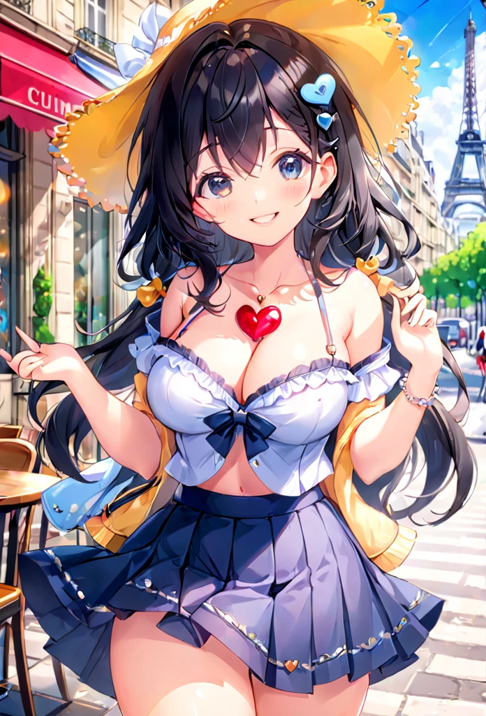 masterpiece, upscale, Super detailed, 8k drawing under CG unity, A woman looks directly at the observer, Summer subjects, Charming and happy expression, In the heart of Paris, Smile, long black hair, medium breasts,C cup,thick thighs,cute outfit,cute skirt,cute accessories,detailed heart pupils