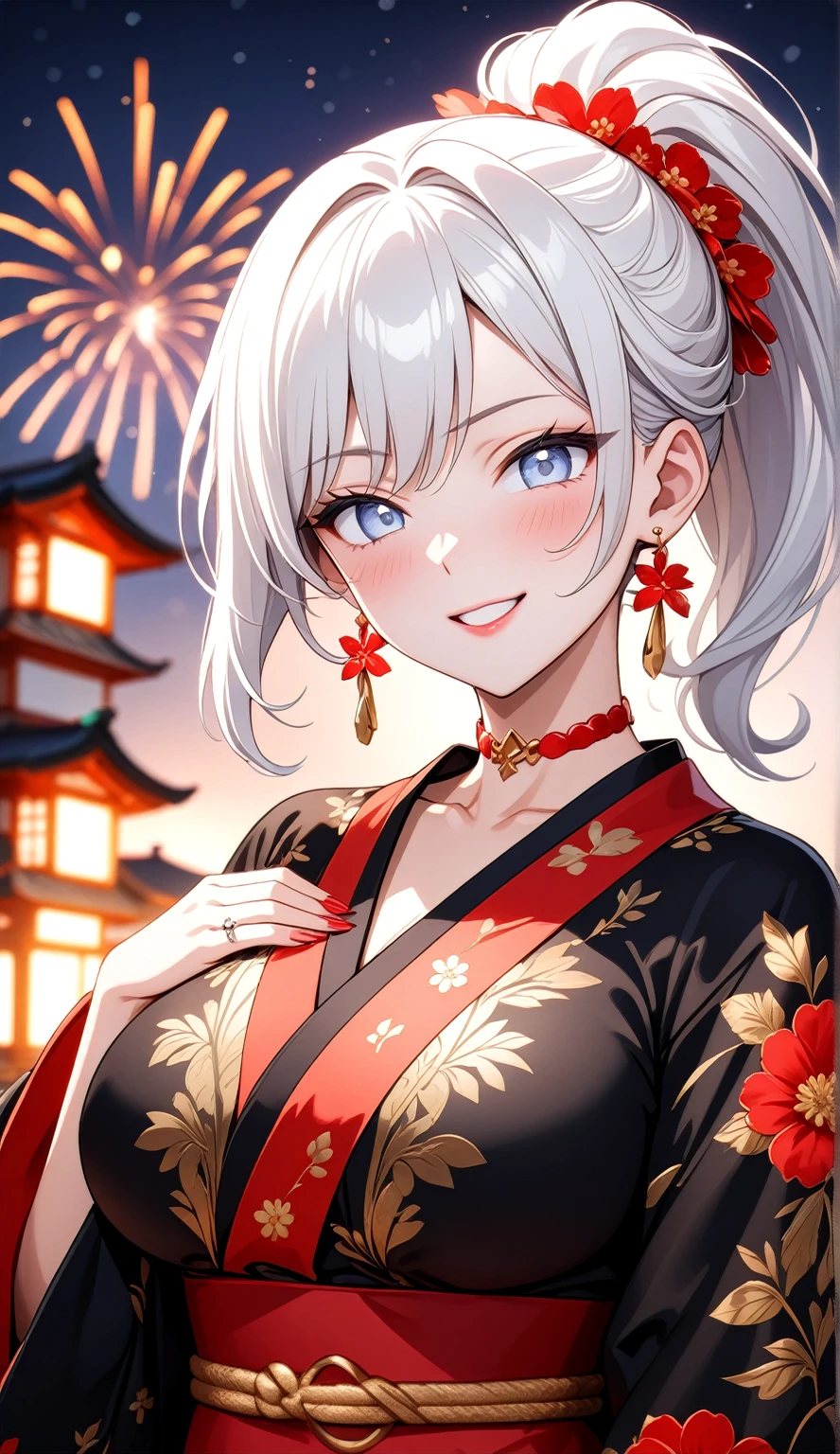 ((One personの女性)), Beautiful Face, (Laughing embarrassedly), (laugh:1.2),((Wink:1.7)), (head tilt:1.3), Laugh with your mouth wide open, upper teeth, looking down at viewer, ((Bright red cheeks:1.4)),Glossy Red Lips,rooftop, firework, Glossy red lips, Shining Face, ((Anime style background)),masterpiece, Highest quality, so beautiful,up to date, Complex details, (Pink long nails),(ring),(bracelet),(Floral choker),AI-generated, Complex,High resolution, Highest quality, super high quality,3D Images、3D Images,One person,Long white hair,High Ponytail, Anime woman posing for a photo,(blue eyes), ((Fine grain、Silvery white, lightly pigmented eyes、Shining Eyes:1.3)), (Squint your eyes:1.1),a hyperRealistic , hyperRealistic , Realistic,Anime woman with long white hair, Smooth anime CG art, A woman in a colorful kimono with gold embroidery, (Black long sleeve kimono),Red floral pattern,Long flower hair ornament,Earrings,Mature Body,(Big Breasts:1.1),Tall,Abdominal muscles,Tight waist,(Zoom up to face:1.3), (front view),