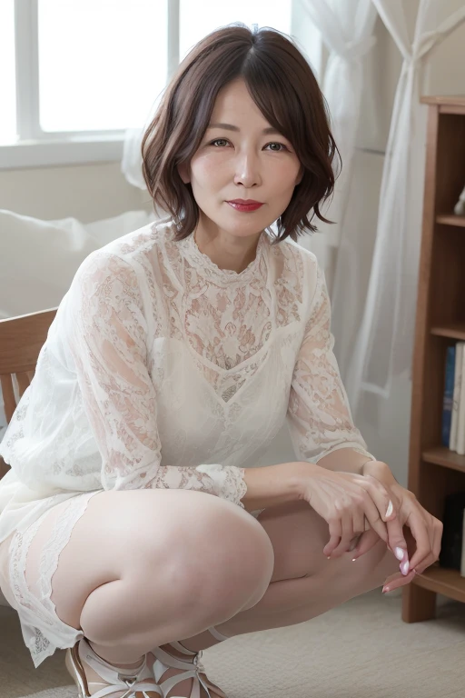 a beautiful 55 year old japanese woman, mature married mother, delicate features, long eyelashes, beautiful eyes, very short haircut, red lipstick, office, bookshelf,office lady,milf,( see-through lace sheer shirts:1.3),(short sleeves:1.1),white panties, sheer leggings, shirt, skirt,
squatting,