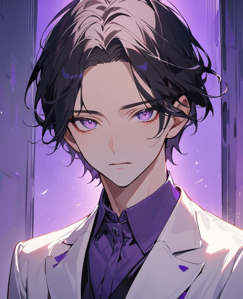 handsome, alone, ,I should probably cry.,1 man, black hair, (((forehead)))，light purple eyes, white suit, modern，Light purple collared shirt，expressionless，The best shadow and light，Medium-parted short hair，((Looking towards the viewer)),perfect face, beautiful eyes， Eyes with exceptional detail，purple light