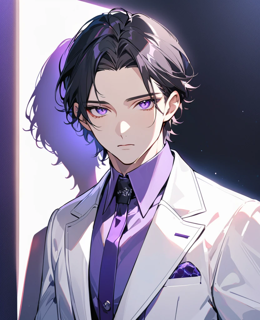 handsome, alone, ,I should probably cry.,1 man, black hair, (((forehead)))，light purple eyes, white suit, modern，Light purple collared shirt，expressionless，The best shadow and light，Medium-parted short hair，((Looking towards the viewer)),perfect face, beautiful eyes， Eyes with exceptional detail，purple light