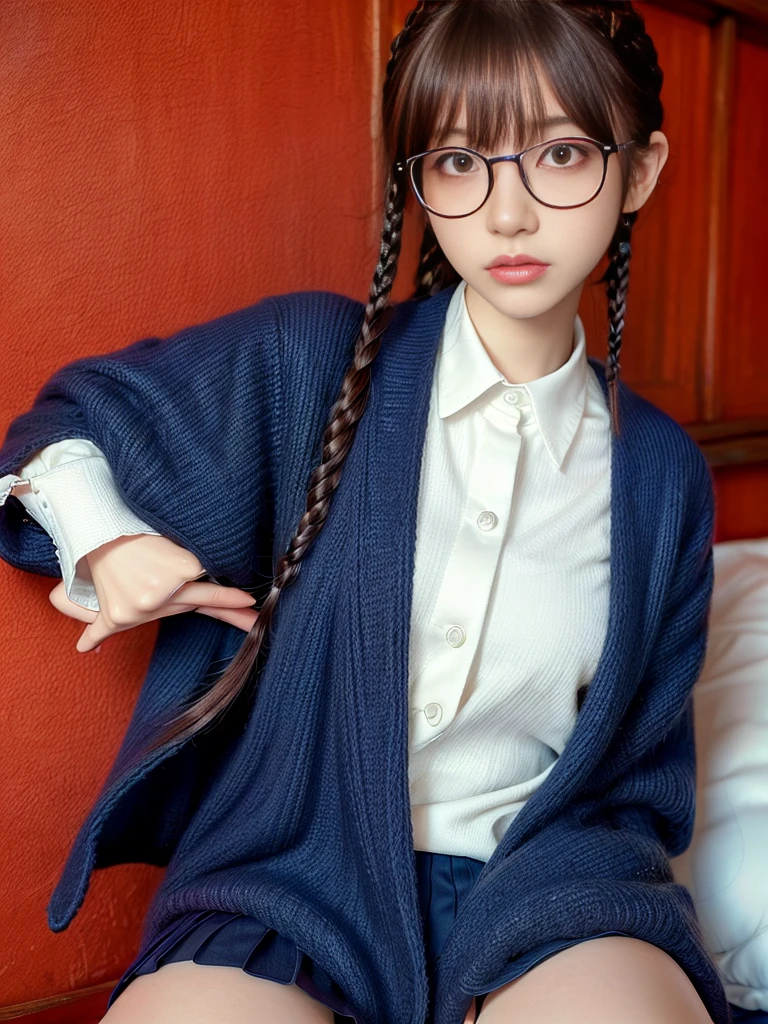 RAW Photos, 8K, (Highest quality), Realistic, (live-action, Intricate details), (Natural skin texture, Detailed skin, Hyperrealism, Sharpness), (Japanese age girl with glasses sitting on a bed in an old inn), (school uniform, The theme color is dark navy), (Formal jacket dark blue), White shirt, Short tie, A short pleated skirt with a check pattern, (Pale skin:1.2, Flat Chest:1.3), Slender body, ((Braided Hairstyles, bangs)), (Glasses Baby Face, blush), Thighs, Red Wall:1.3, Full Body Shot