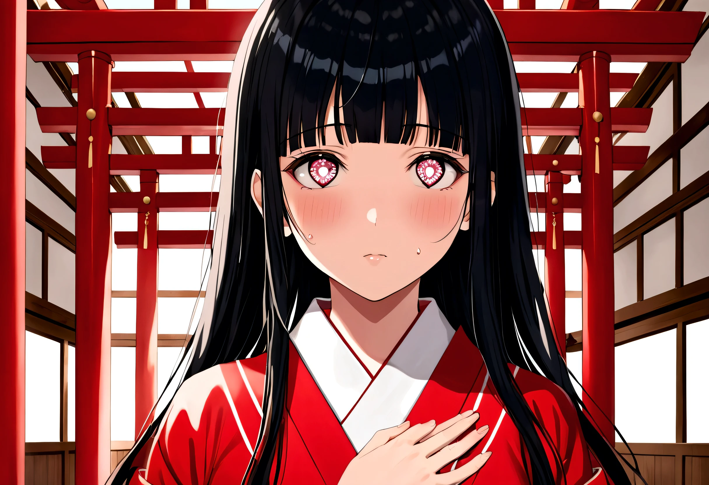 (sweaty skin) (standing, in the Fukuoka hakata city), (pov close up face) solo:2, 15 yo, ((blunt bangs)) (black hair long hair panic:1.4 shrine maiden girl), ((heart shaped pupils white eyes)), hand put on own chest, in a shrine maiden clothes, BREAK, perfect anatomy, masterpiece, best quality, 16k, beautiful detailed grow, daydreaming expression.