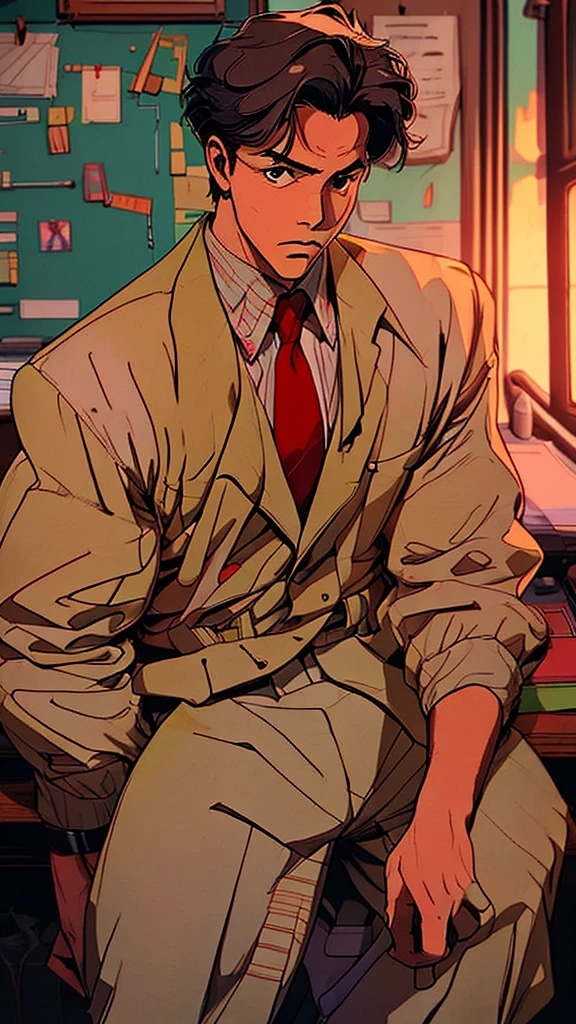 A male detective named João Albuquerque from the 1960s, with short brown hair, wearing a beige trench coat, a green dress shirt, a red tie, gray pants, and brown dress shoes.