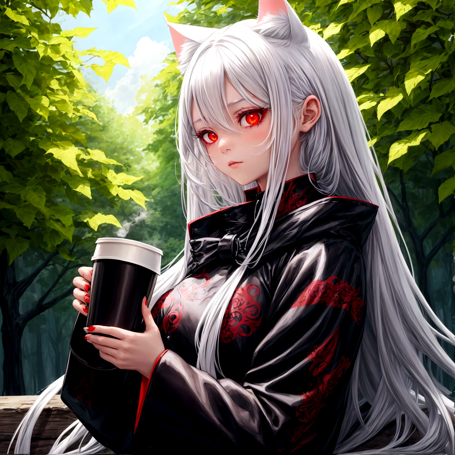 1 girl, beautiful, cool, long hair, white hair, cat ear, red eye, black outwear, red outer top, holding a cup coffee, nature place