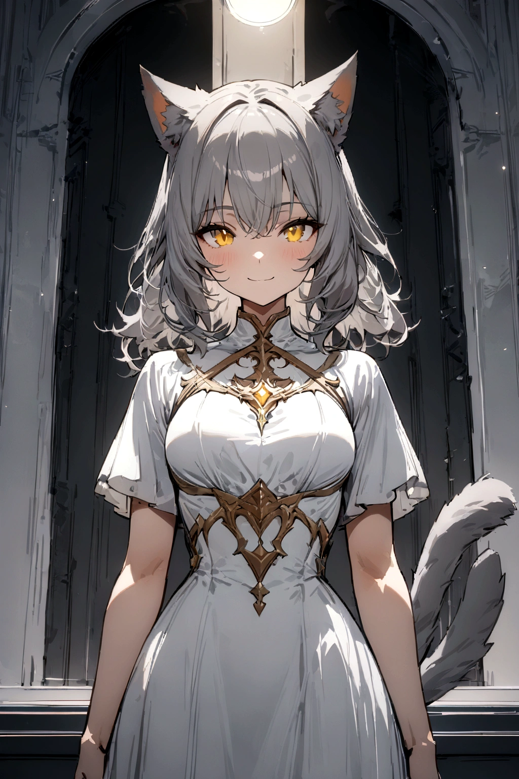 ((masterpiece)), ((best quality)), (from front), (half-body shot:1.36), perfect anatomy, 1girl, solo, cat girl, long gray hair, yellow eyes, gray cat ears, gray fluffy cat tail, short-sleeved white dress, smiling, lighting from front, looking at viewers