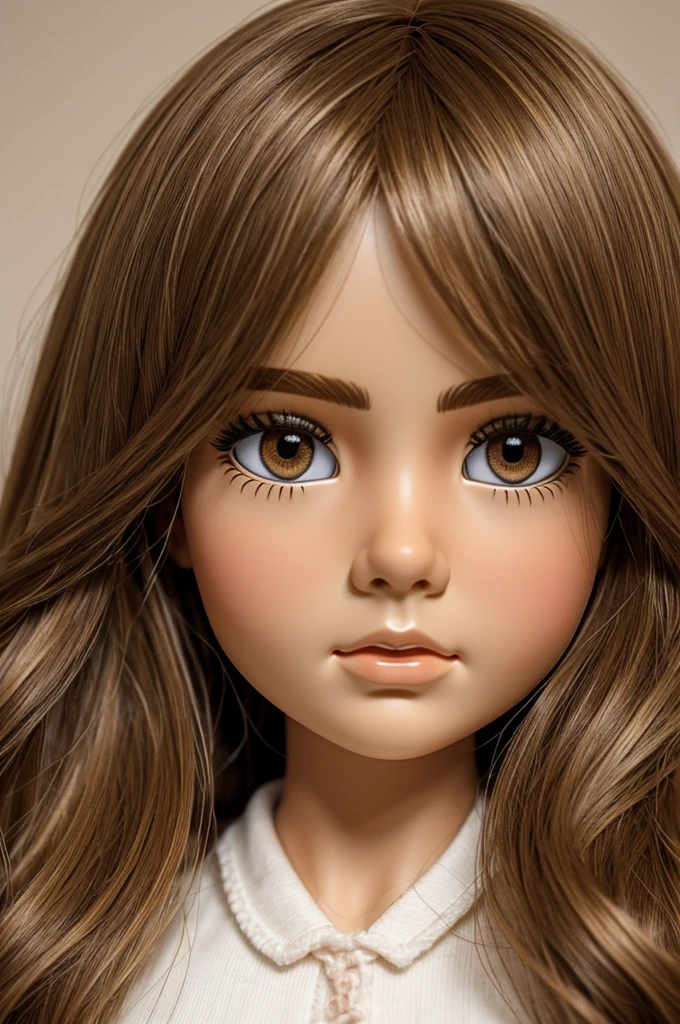 Generate a bytle doll, a bit gordita (a bit) with light brown eyes, light brown hair (almost golden) with the score in the middle of the hair, with white and blond skin