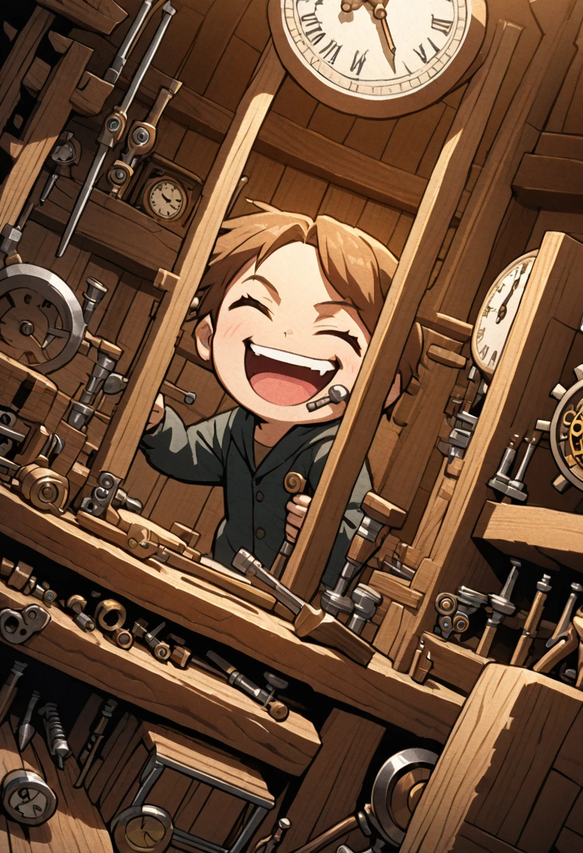 detailed illustration, dynamic angle, ultra-detailed, illustration, WindWakerStyle, 1man, brown hair, wooden workshop, smile, laughing, clocks, clockwork tools, tinker tools, carpentry tools, springs, 