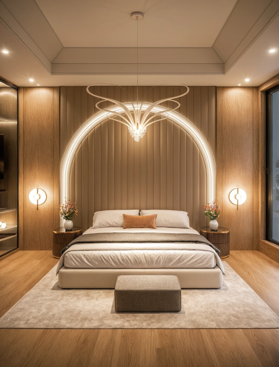 Raw photo,Masterpiece, high quality, best quality, authentic, super detail, interior, ((girl's bedroom)), ((style modern luxury)), sunset, day light, bed, carpet, curves, bedside cabinets, wood floor ,wardrobe, led, flower vase, butterfly chandelier , windows, downlight,