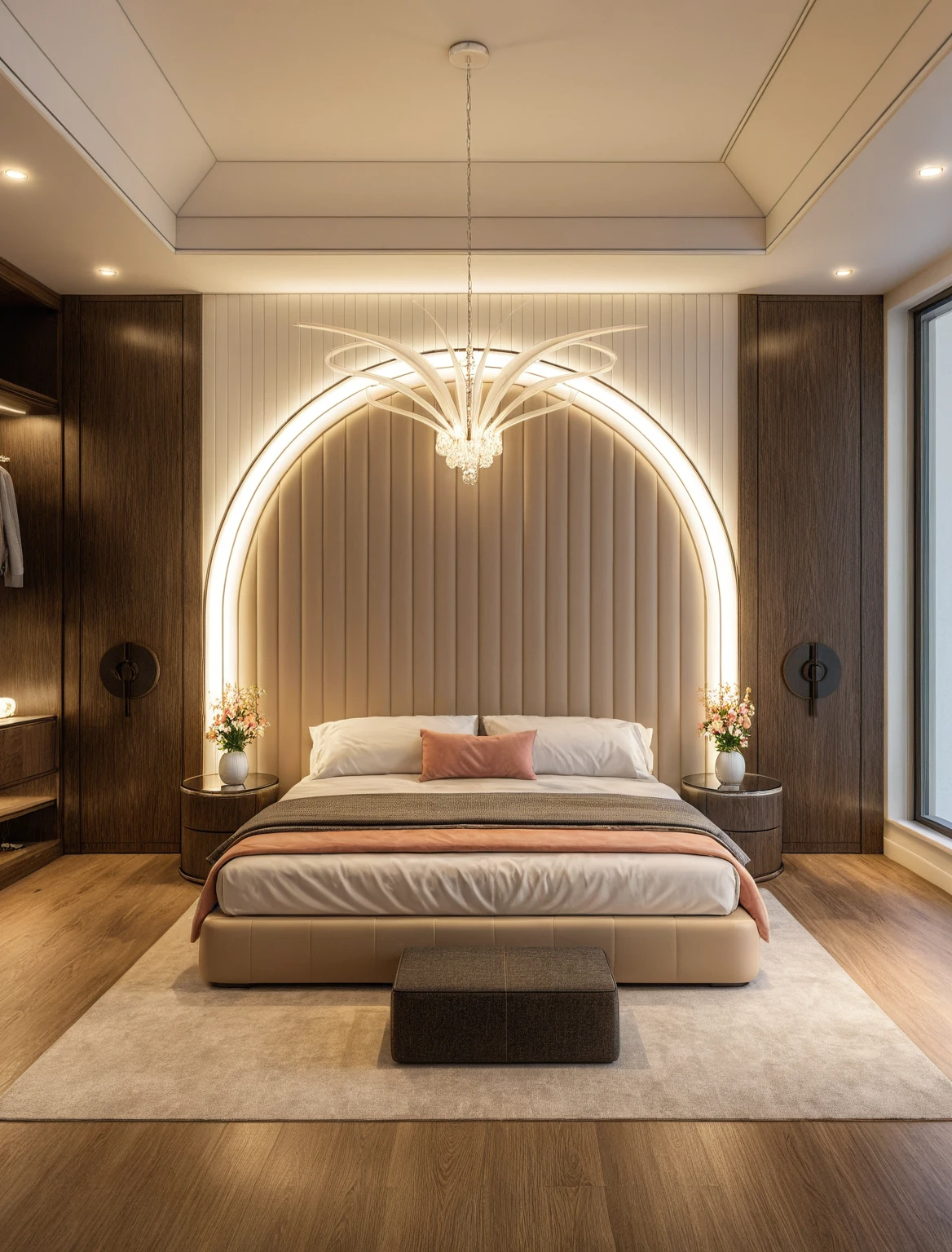 Raw photo,Masterpiece, high quality, best quality, authentic, super detail, interior, ((girl's bedroom)), ((style modern luxury)), sunset, day light, bed, carpet, curves, bedside cabinets, wood floor ,wardrobe, led, flower vase, butterfly chandelier , windows, downlight,