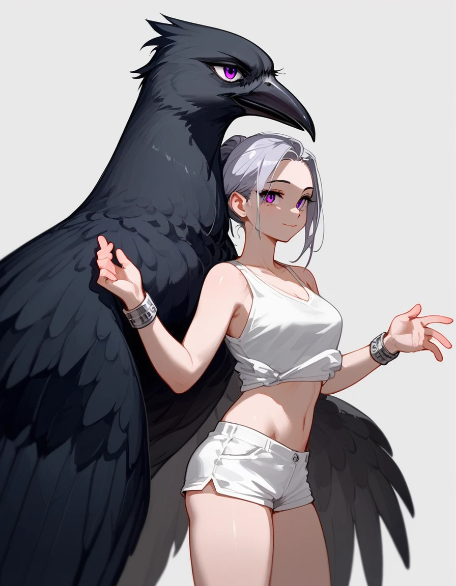 score_9,score_8_up,score_7_up,  an Anthropomorphic avian crow girl, female, black birds crest on head, small grey beak, tall,  black arms and legs, black body, wingless, no wings, standing, white background, purple eyes, humanoid body, humanoid arms, hands with five fingers, wearing white shirt, white shorts, silver bracelets, 