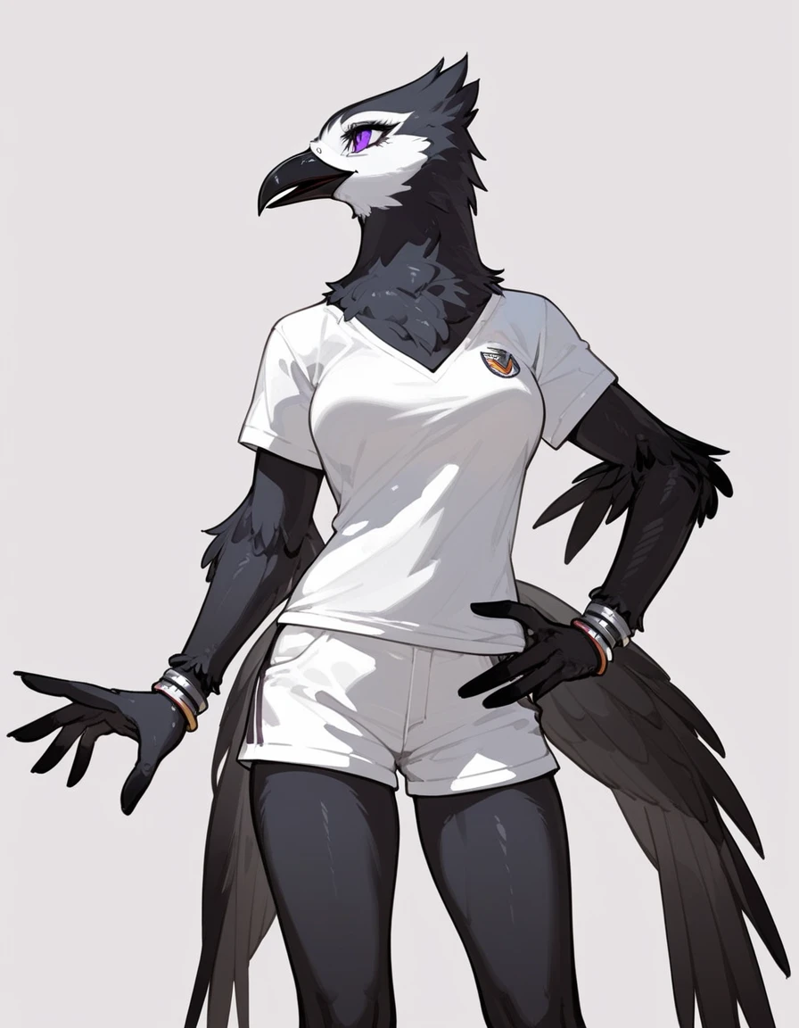 score_9,score_8_up,score_7_up,  an Anthropomorphic avian crow girl, female, black birds crest on head, small grey beak, tall,  black arms and legs, black body, wingless, no wings, standing, white background, purple eyes, humanoid body, humanoid arms, hands with five fingers, wearing white shirt, white shorts, silver bracelets, 