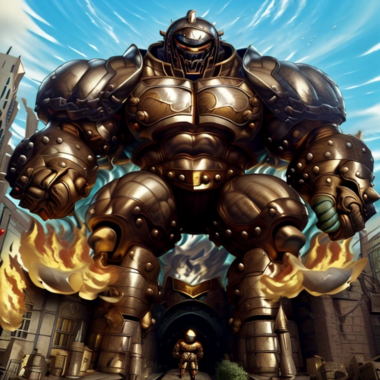 SOLO (masterpiece. official art. 8k. best quality. detailed full body. full body.)

(situation 1 : dominating Armored Flazzard. Armored Flazzard is over 1000 meters long. focus GIANT mechanical Muscular Armored Flazzard is trampling the city. Looking down. macro. stomp. Low-angle perspective. emphasizing the immense size.)

(situation 2 :smoke and flames rising from the destruction in the city)

(Additional details 1: real texture material. whole body shines like metal. emphasizes the muscles. suit fully made of metal. intricate armor. Robotic suit. suit fully made of metal. no face.).

(Additional details 2: Detailed head. Detailed Body. Detailed abs. gigantic muscles. HYPER MUSCLES. Gigachad Muscular. big muscle. pecs. triceps. traps. unusually developed muscular body. body full of huge muscles. showing off muscles. pectorales enormes. Exaggeratedly huge muscles. huge muscles. long legs.).
