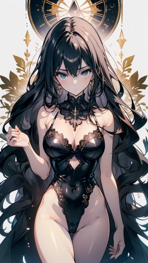 ((masterpiece, best quality)), Delicate face,dark Knight,whole body,Standing picture,Long legs,Large Breasts,Gradient long wavy hair,Perfect body proportions,Beautiful black eyes,Extremely beautiful,transparent, Pure white background,Big Dark Day,cloud,Sexy Lingerie,Lace,Kaneko,Gold Mine,Gold jewelry,