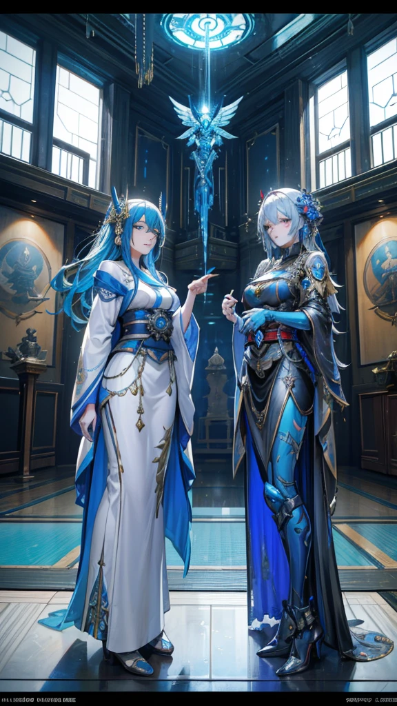 two women in costumes are standing in a room, the mechanical lady, Prometheus static framework, blue body paint, cyberpunk ornaments, Aztec empress, Cinematic details, guards, balcony scene, solarpunk, Lt. León Wyczółkowski, sisters, japanese cgi, Kazakh empress, character closeup