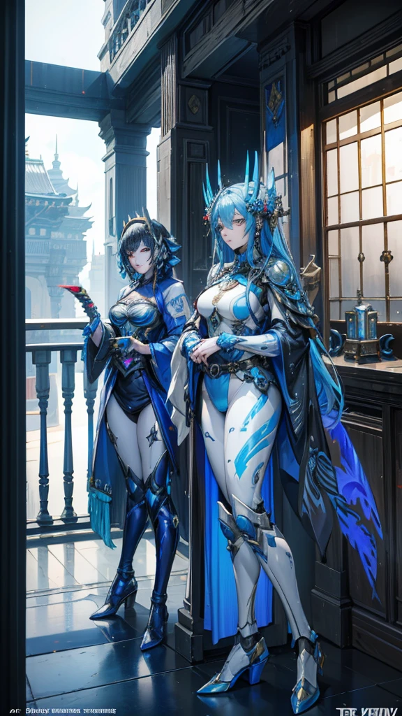 two women in costumes are standing in a room, the mechanical lady, Prometheus static framework, blue body paint, cyberpunk ornaments, Aztec empress, Cinematic details, guards, balcony scene, solarpunk, Lt. León Wyczółkowski, sisters, japanese cgi, Kazakh empress, character closeup  