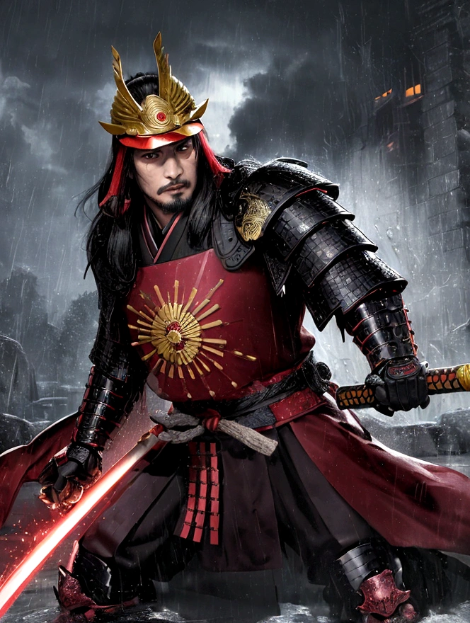Full-body portrait of Oda Nobunaga in the rain. He is wearing an extravagant, brightly colored samurai armor with intricate gold designs and a flamboyant kabuto (helmet). His facial expression is cruel and menacing, with piercing eyes and a sinister smile, emphasizing his ruthlessness. He is standing in a dramatic pose, gripping a katana with both hands, ready to strike. The background shows a heavy rainstorm with lightning, creating a dark and ominous atmosphere. Water droplets are visible on his armor and face. Use a realistic art style with high contrast and dramatic lighting to enhance the mood.
