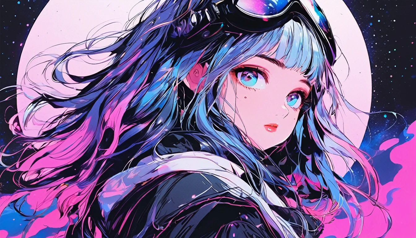 (best quality, sketch:1.2), epic realistic,(ultra details ayes),illustrator,anime,1 girl, detailed lips,custom, gradient background,neon hair,textured cropping, masterpiece, anime, a woman standing looking at a black hole, fantasy world, trending on art station, space art, dreamy psychedelic anime, beautiful anime scene, anime epic artwork. anime, photo picture poses, average height