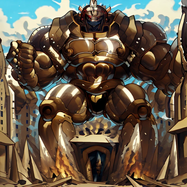 SOLO (masterpiece. official art. 8k. best quality. detailed full body. full body.)

(situation 1 : dominating Armored Flazzard. Armored Flazzard is over 1000 meters long. focus GIANT mechanical Muscular Armored Flazzard is trampling the city. Looking down. macro. stomp. Low-angle perspective. emphasizing the immense size.)

(situation 2 :smoke and flames rising from the destruction in the city)

(Additional details 1: real texture material. whole body shines like metal. emphasizes the muscles. suit fully made of metal. intricate armor. Robotic suit. suit fully made of metal. no face.).

(Additional details 2: Detailed head. Detailed Body. Detailed abs. gigantic muscles. HYPER MUSCLES. Gigachad Muscular. big muscle. pecs. triceps. traps. unusually developed muscular body. body full of huge muscles. showing off muscles. pectorales enormes. Exaggeratedly huge muscles. huge muscles. long legs.).
