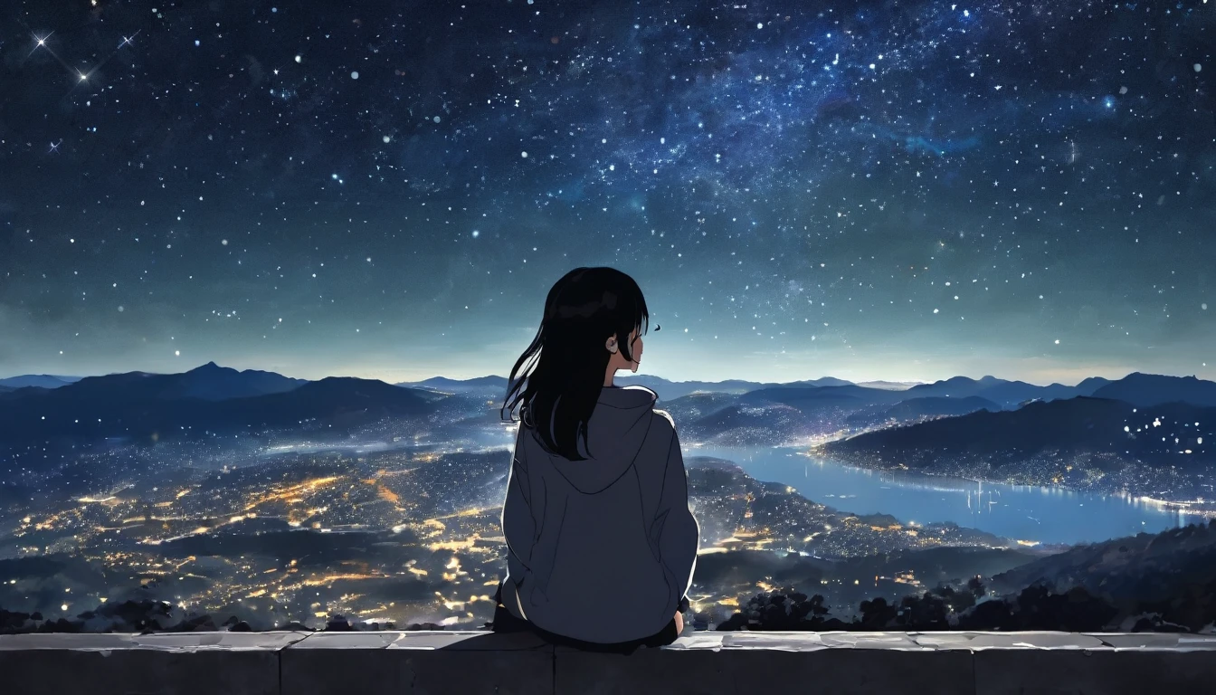 (Highest quality), Girl looking at the night view,Black Hair,Beautiful starry sky