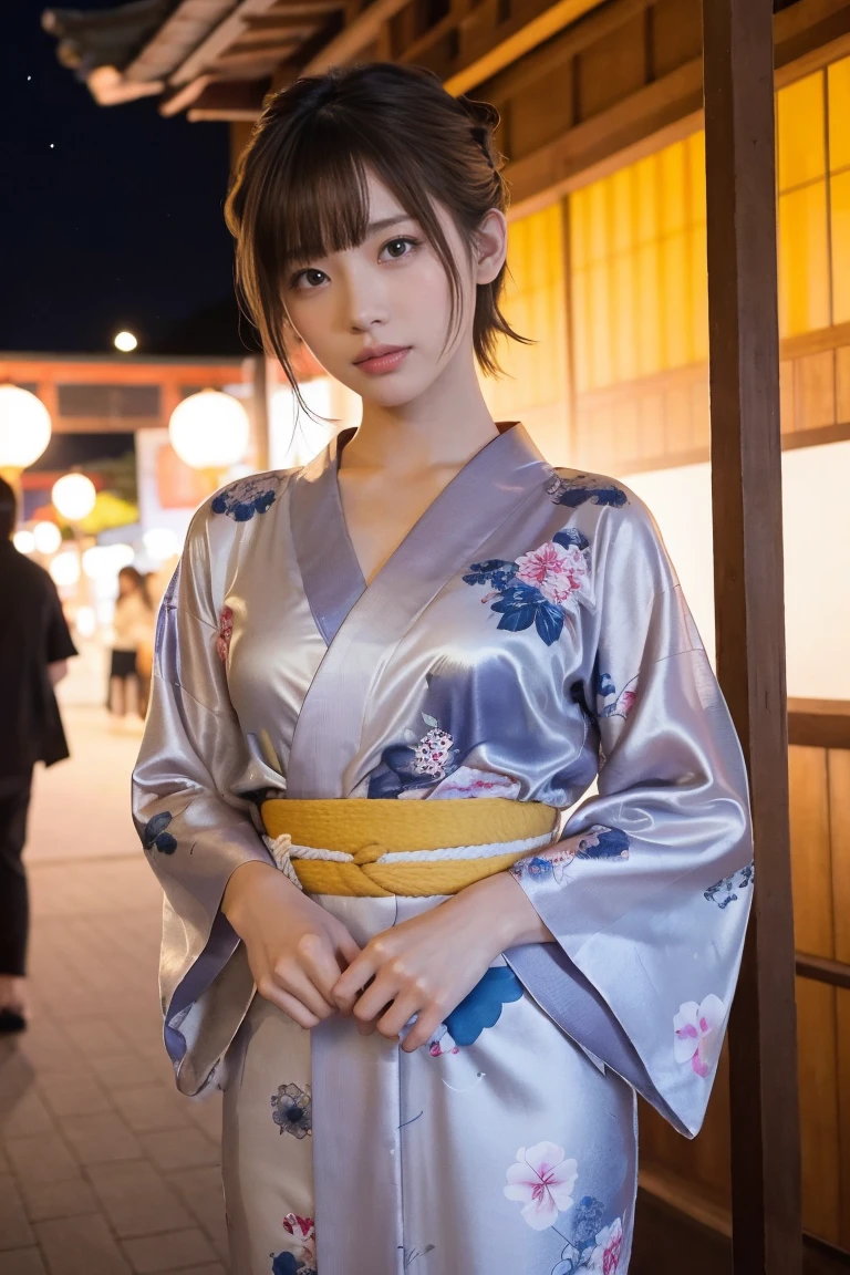 (((night,null,Beautiful Clouds,Detailed Background,constellation,starry null))), 21 year old girl,alone,Shiny skin,Tilt your head,smile,whole body,Wide Shot,(kimono, Floral print, yukata:1.2), whole body, (8k, RAW Photos, highest quality, masterpiece:1.2, masterpiece8K.High resolution. High resolutionの不条理:1.2, Film Grain, Blurry bokeh:1.2, Lens flare, (Bright colors:1.2), (delicate))