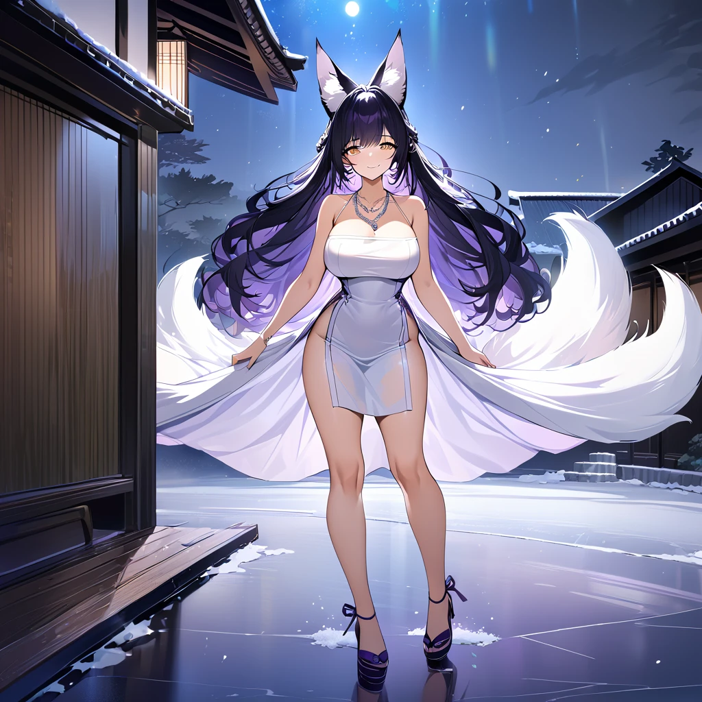 A woman wearing a luxurious white dress with dark purple details, purple heels, large breasts, exposed shoulders, dark purple hair, long hair, kitsune ears, kitsune tails, multi tails, dark purple tails, yellow eyes, smiling, silver necklace on neck, hair clip on head, walking outside a traditional Japanese house, standing, night place with lighting, standing posture on ice rink, ultra resolution, clear, masterpiece, 8K HD (women solo)
