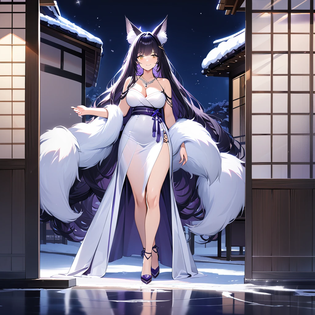 A woman wearing a luxurious white dress with dark purple details, purple heels, large breasts, exposed shoulders, dark purple hair, long hair, kitsune ears, kitsune tails, multi tails, dark purple tails, yellow eyes, smiling, silver necklace on neck, hair clip on head, walking outside a traditional Japanese house, standing, night place with lighting, standing posture on ice rink, ultra resolution, clear, masterpiece, 8K HD (women solo)
