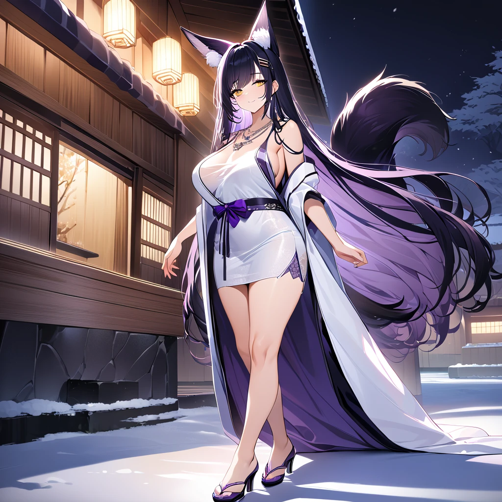 A woman wearing a luxurious white dress with dark purple details, purple heels, large breasts, exposed shoulders, dark purple hair, long hair, kitsune ears, kitsune tails, multi tails, dark purple tails, yellow eyes, smiling, silver necklace on neck, hair clip on head, walking outside a traditional Japanese house, standing, night place with lighting, standing posture on ice rink, ultra resolution, clear, masterpiece, 8K HD (women solo)
