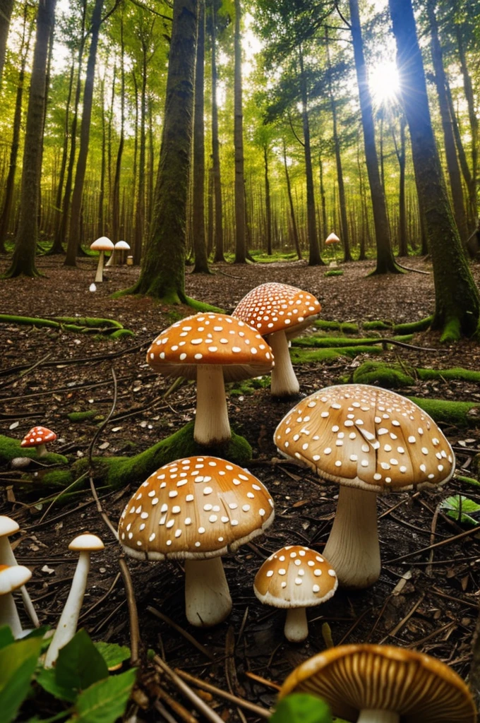 Fairytale forest with huge fly agaric mushrooms