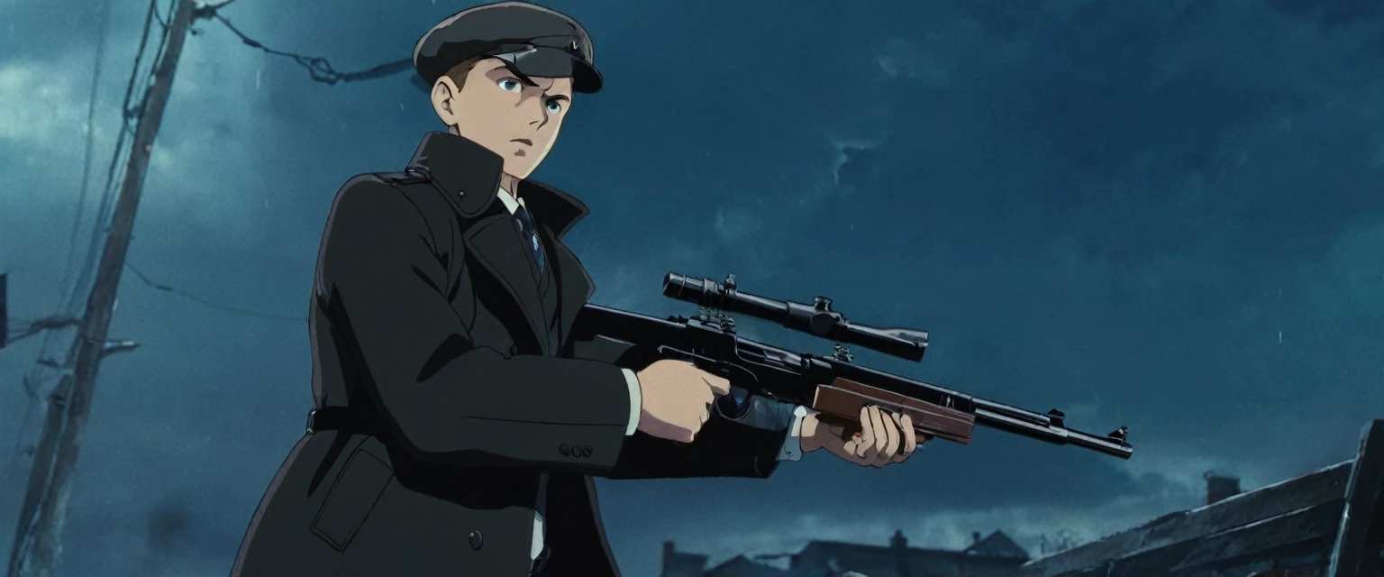 score_9, score_8_up, score_7_up, source_anime, detailed, 8k, cinematic angle, rating from side, safe, Wide shot, 1boy, Eliot Ness in Black Trench Coat is holding a submachine gun to viewer,