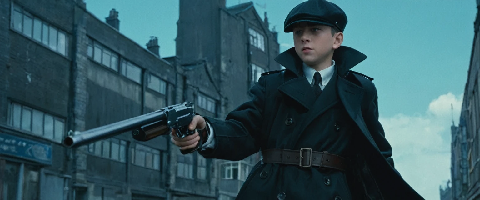 score_9, score_8_up, score_7_up, source_anime, detailed, 8k, cinematic angle, rating from side, safe, Wide shot, 1boy, Eliot Ness in Black Trench Coat is holding a submachine gun to viewer,