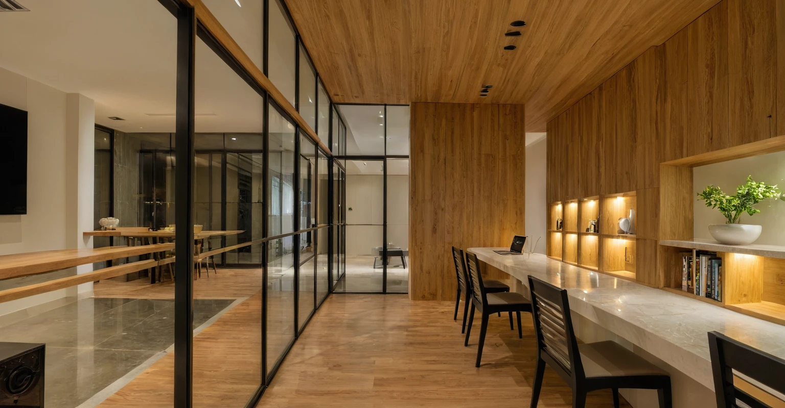 Raw photo, Masterpiece, high quality, best quality, authentic, super detail, interior, indoors,  style modern, minimalist line, wooden, oak wood, led light, beige paint wall, sofa, daylight, atrium, LIVING ROOM, PEN HOUSE, kitchen, island kitchen, alu window, japan style, wasabi style, Jen style, steel stair, 