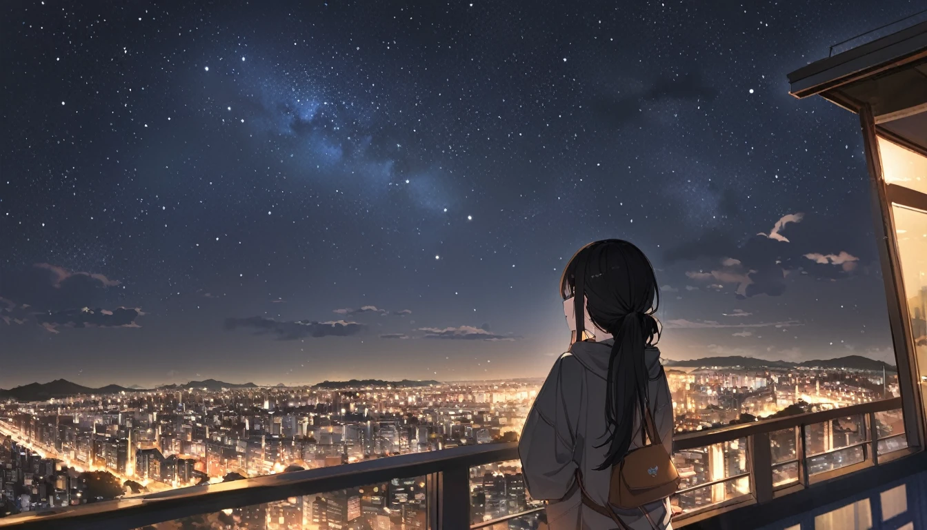 (Highest quality), Girl looking at the night view,Black Hair,Beautiful starry sky