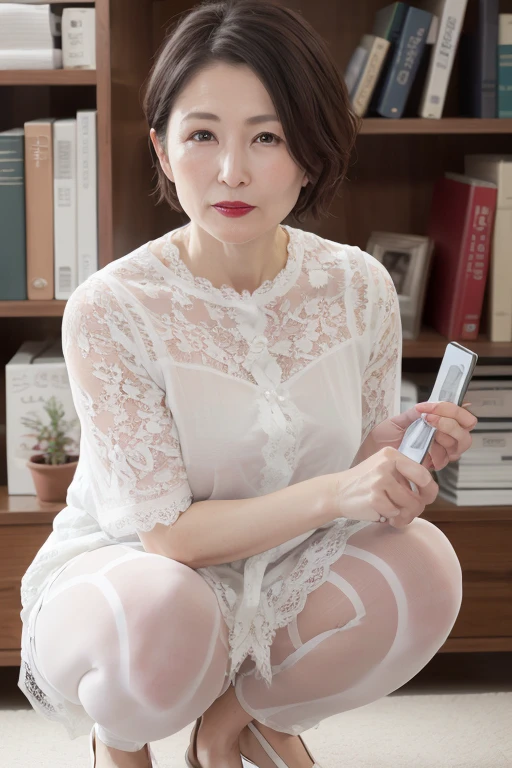 a beautiful 55 year old japanese woman, mature married mother, delicate features, long eyelashes, beautiful eyes, very short haircut, red lipstick, bookshelf,office lady,milf,( see-through lace sheer shirts:1.3),(short sleeves:1.1),((white panties)), sheer leggings, shirt, skirt,
squatting,