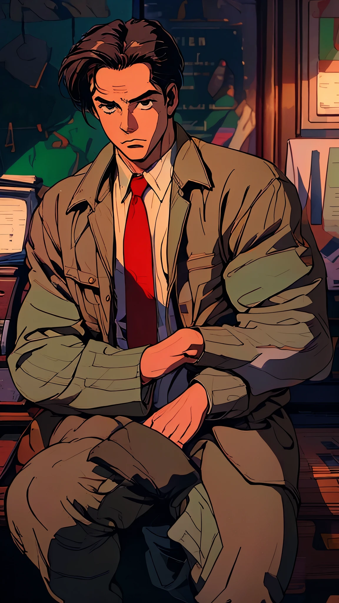 A male detective named João Albuquerque from the 1960s, with short brown hair, wearing a beige trench coat, a green dress shirt, a red tie, gray pants, and brown dress shoes.


