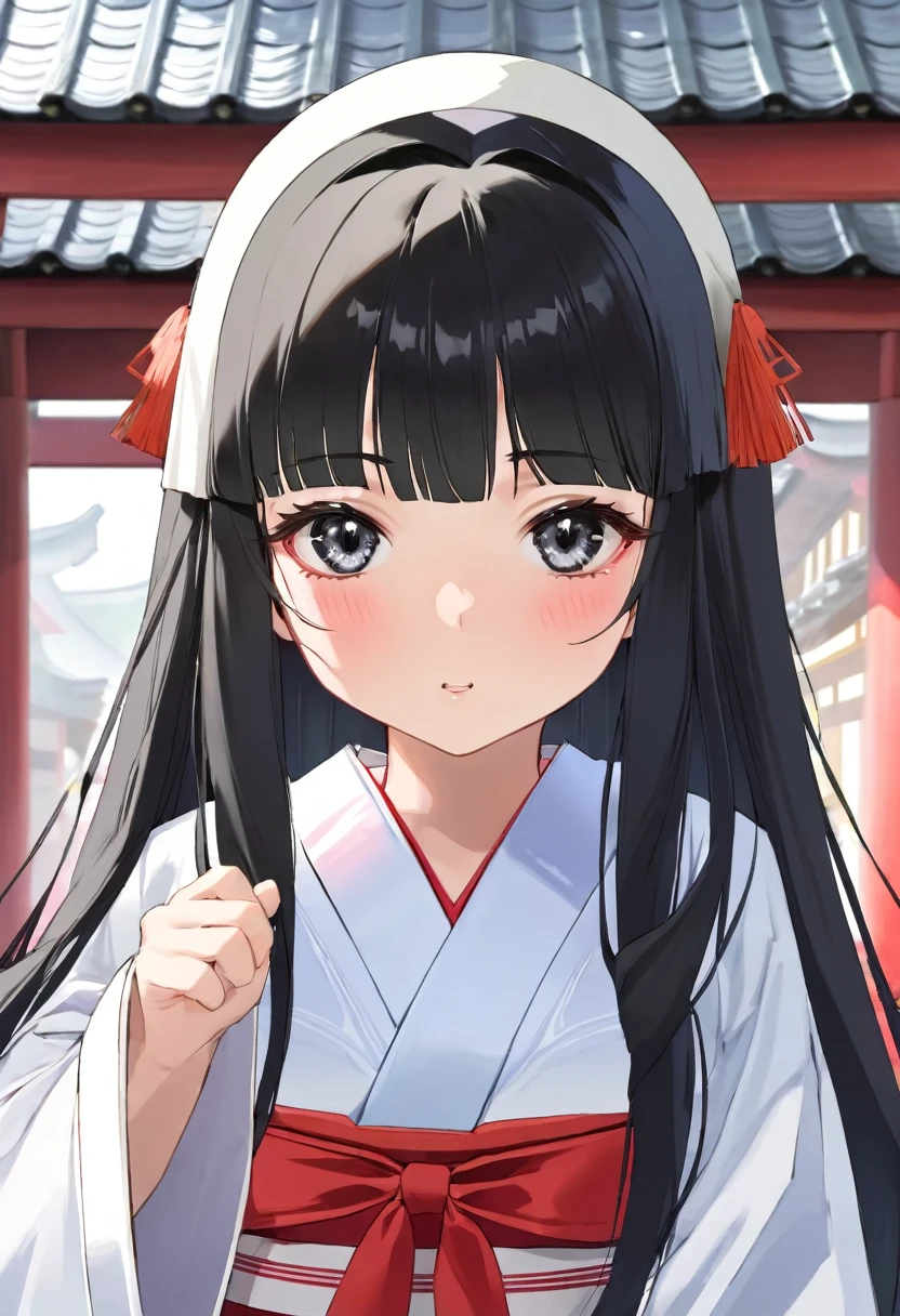 (sweaty skin) (standing, in the Fukuoka hakata city), (pov close up face) solo:2, 15 yo, ((blunt bangs)) (black hair long hair panic:1.4 shrine maiden girl), ((heart shaped pupils white eyes)), hand put on own chest, in a shrine maiden clothes, BREAK, perfect anatomy, masterpiece, best quality, 16k, beautiful detailed grow, daydreaming expression.