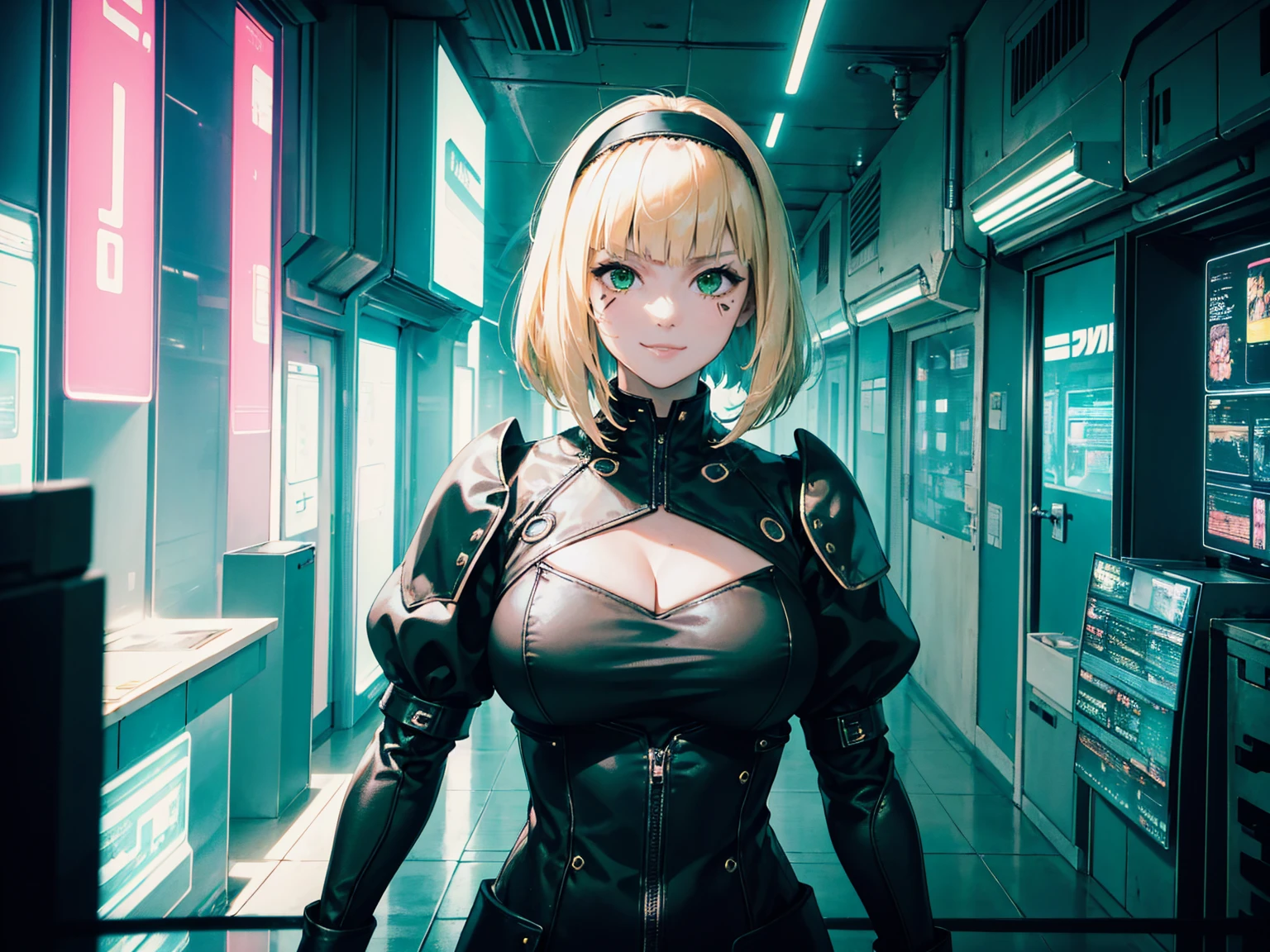 masterpiece, Best quality, (1 girl), (solo) (front facing), (upper body), (smile),(from front), (portrait), (night), (pose for picture), (dystopian city street), (large breast), (cleavage), (long hair),, black costume, black, gloves, dress boots, black gloves, puffy sleeves, black dress) (blak hairband),(cyberpunk costume), (blonde hair), (green eyes), feather-trimmed sleeves anime, realistic, masterpiece, (bobcut, bangs), (A2 costume) (cyber_mark), ( facial mark), (cyberpunk suit), (j4nu4ryj0n3s cleavage), (demure), (dark room), (neon lights), (cyberpunk room), (focus on body), (look at front), (look at viewer)