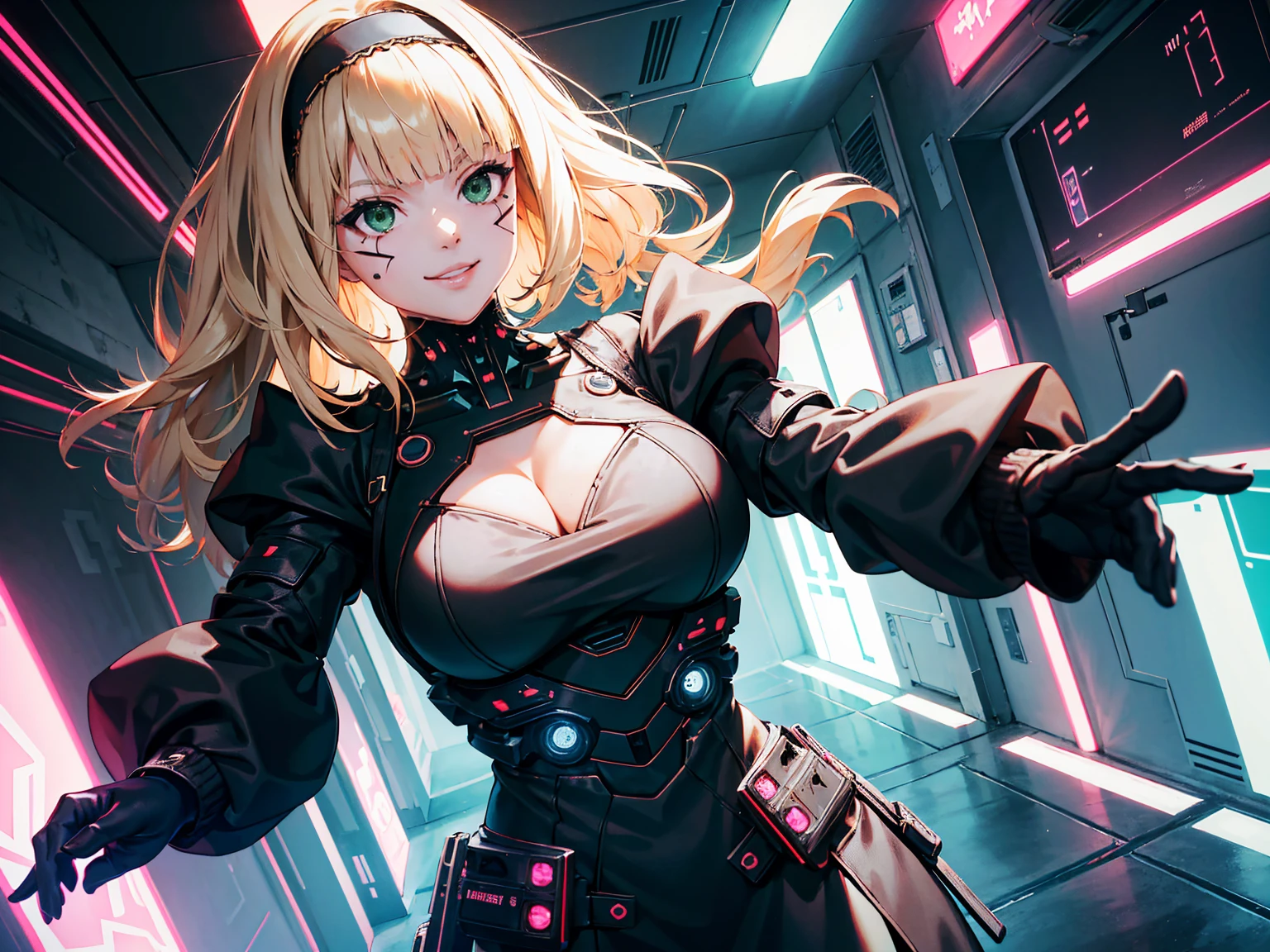 masterpiece, Best quality, (1 girl), (solo) (front facing), (upper body), (smile),(from front), (portrait), (night), (pose for picture), (dystopian city street), (large breast), (cleavage), (long hair),, black costume, black, gloves, dress boots, black gloves, puffy sleeves, black dress) (blak hairband),(cyberpunk costume), (blonde hair), (green eyes), feather-trimmed sleeves anime, realistic, masterpiece, (bobcut, bangs), (A2 costume) (cyber_mark), ( facial mark), (cyberpunk suit), (j4nu4ryj0n3s cleavage), (demure), (dark room), (neon lights), (cyberpunk room), (focus on body), (look at front), (look at viewer)