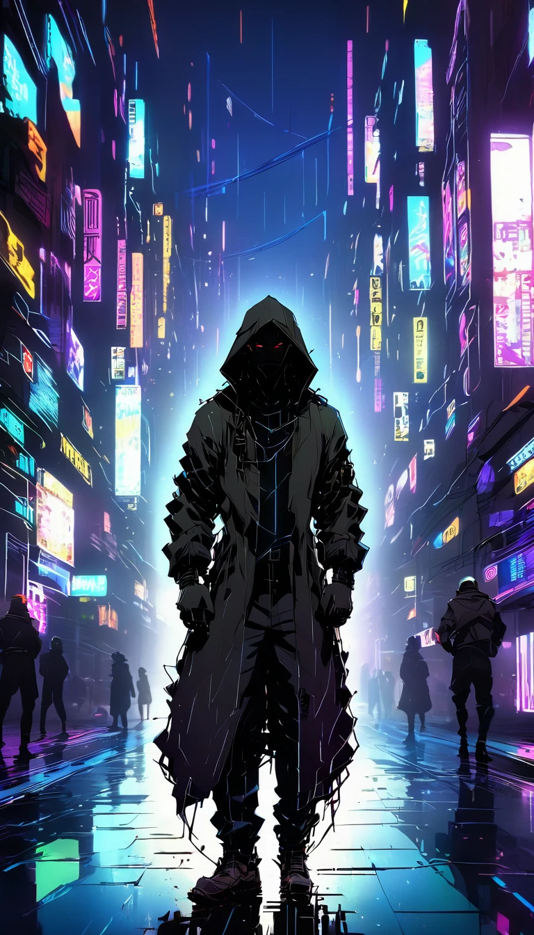 wide and far shot, ((a man in a black hooded trench coat, return to camera:1.5)), standing on rainy street, looking at a futuristic city at night, a dark cityscape with neon lights (Best Quality, 4k, 8k , high resolution, Masterpiece: 1.2), ultra detailed (realist, photorealist, photorealist: 1.37), cinematic lighting, dramatic shadows, moody atmosphere, intricate details, Bright city lights, advanced technology, Retro-futuristic architecture, dynamic pose, hood that casts shadows on the face, intense look