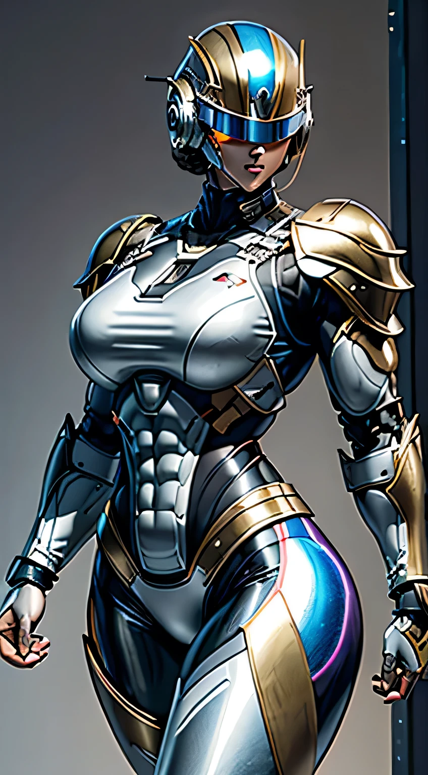 Female Robocop Solo、Bright outdoors、strong light source、8K, high quality, masterpiece, 最high quality, Crisp contrast、Very detailed、Full body armor、Very large armor、Helmet covering the head、Clear photos、His eyes are hidden by thin straight goggles:1.3、The lower half of the face is raw々Shii:1.5、The lower half of the face is exposed、Seductive lips、Rainbow and white metallic armor、Armor that completely covers the chest、Long, slender legs、Vibrant Posselo Body View,Big and ample breasts:1.5, (Sports Body:1.5)、Five Fingers、Hold a handgun、In the city