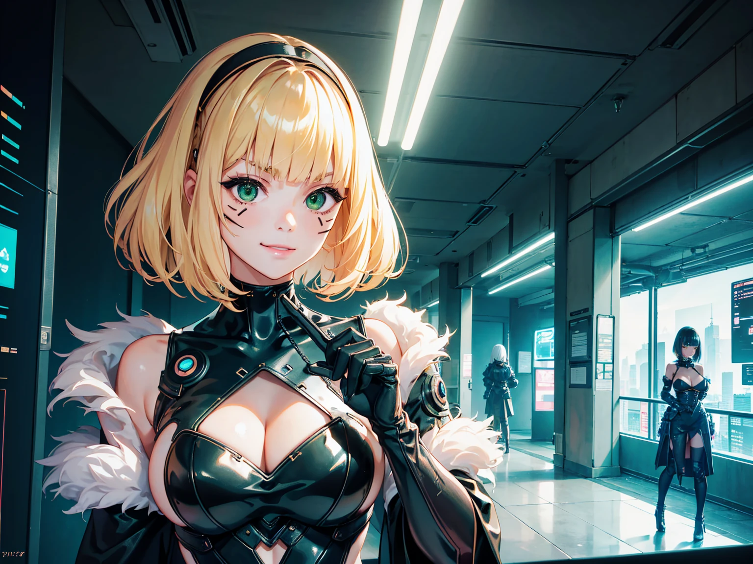 masterpiece, Best quality, (1 girl), (solo) (front facing), (upper body), (smile),(from front), (portrait), (night), (pose for picture), (dystopian city street), (large breast), (cleavage), (long hair),, black costume, black, gloves, dress boots, black gloves, puffy sleeves, black dress) (blak hairband),(cyberpunk costume), (blonde hair), (green eyes), feather-trimmed sleeves anime, realistic, masterpiece, (bobcut, bangs), (A2 costume) (cyber_mark), ( facial mark), (cyberpunk suit), (j4nu4ryj0n3s cleavage), (demure), (dark room), (neon lights), (cyberpunk room), (focus on body), (look at front), (look at viewer)