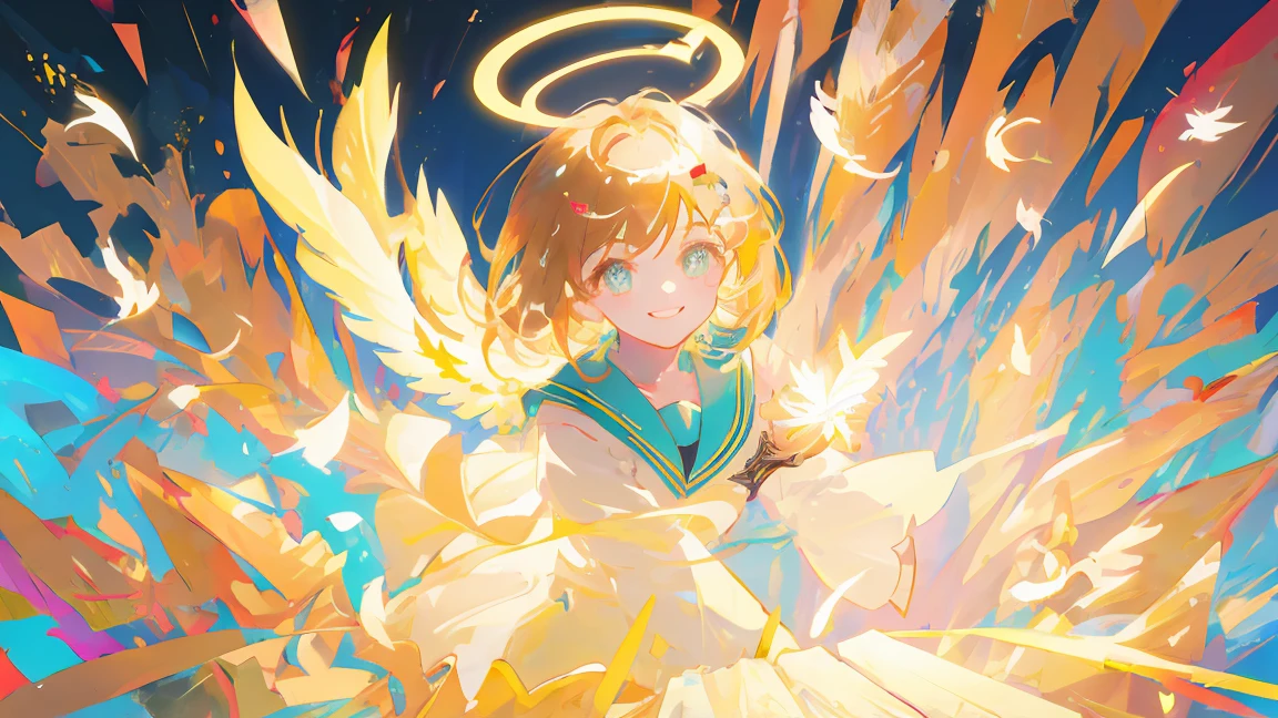 (masterpiece:1.2), best quality,pixiv,official art,perfect anatomy, (Ray tracing, light),solo, Masterpiece, best quality, super detailed, illustration, close-up, direct view, face focus, 1girl, look at the viewer , JK uniform, golden hair , cyan eyes, smile, angel halo, feather wings, full body, angel