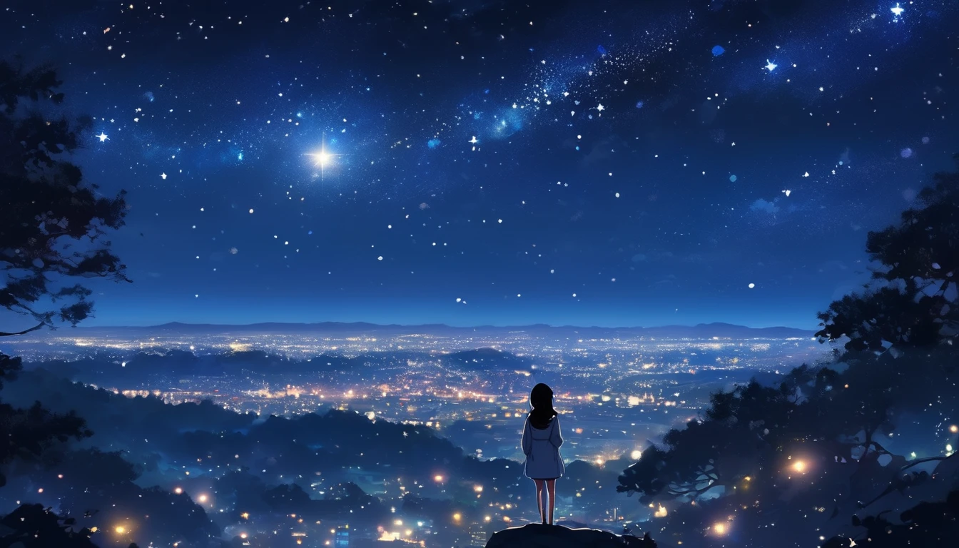 (Highest quality), Girl looking at the night view,Black Hair,Beautiful starry sky