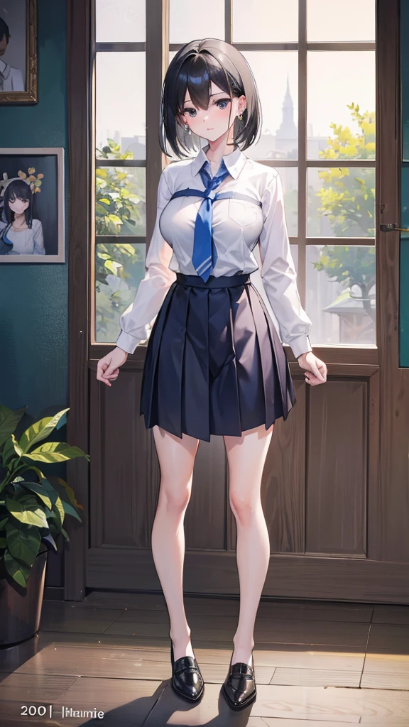 absurdres, RAW photo, extremely delicate and beautiful, masterpiece, Best Quality, ultra high resolution, 32k, hyperrealistic, ultra-detailed, in her 20s, very Slim body, narrow waist, very small head, very small face, delicate facial features, tearful mole, earring, very huge round breasts, ((full body shot)), medium hair, black hair, ((school_uniform)),