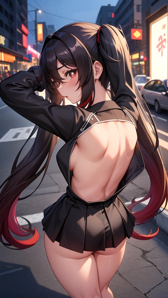 masterpiece, best quality, HuTaoV4, 1girl, solo, blush, twintails, long hair, hair between eyes, ((streetwear clothes)), city, outdoors, night, movie poster, extremely detailed 8K, smooth, high resolution, ultra quality, cinematic lighting, ambient occlusion, hd, 2k, 4k, 8k, 16k, extremely detailed anime, detailed faces, perfect composition, wide shot, atmospheric lighting, very sexy, lift skirt, random low back angle, uncensored, nsfw, sin censura